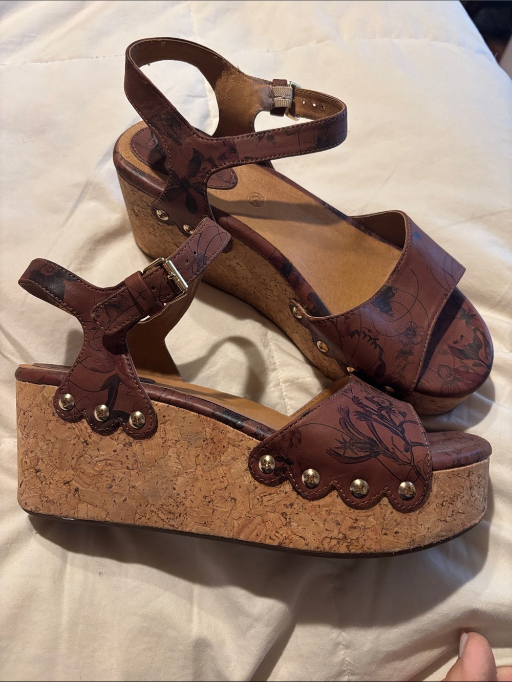 bussola Brown Floral Cork Wedge Sandals with Ankle Strap